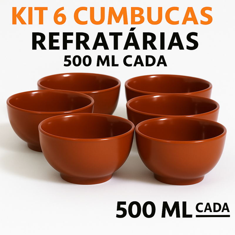 Kit 6 Cumbucas Refratárias 500 ml Porcelana Marrom Ideal Para Feijoada, Caldos, Sorvetes e Açaí